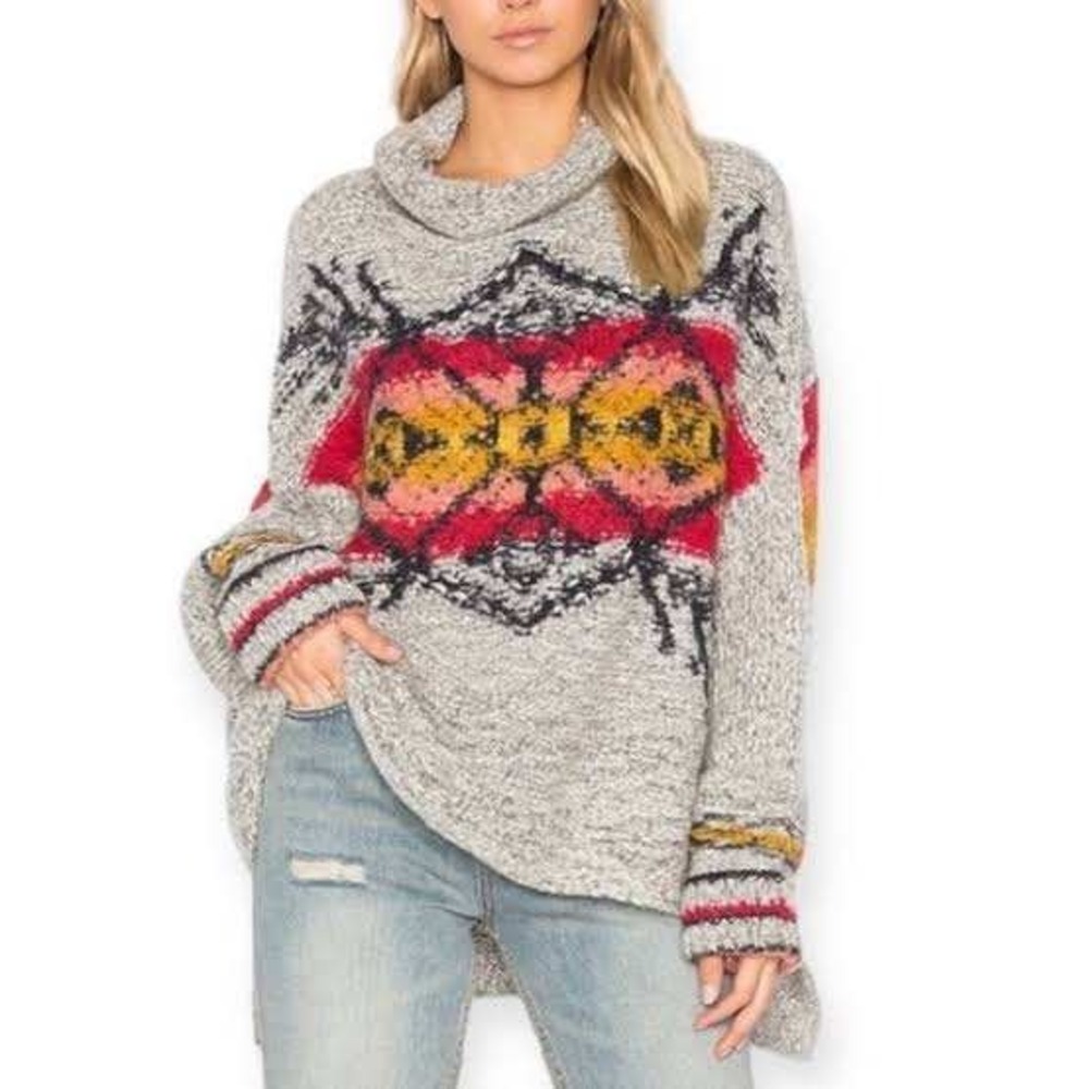 Free People Arctic Blast Pullover Turtleneck Wool Blend Sweater Grey Multi